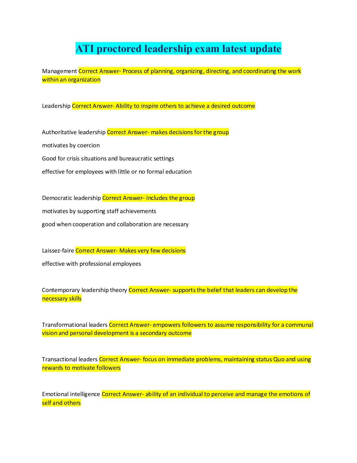 Preview image for ATI proctored leadership exam latest update